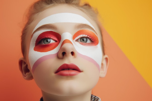 Retrato de uma adolescente com maquiagem de arte leve em close-up de fundo multicolor pastel abstrato