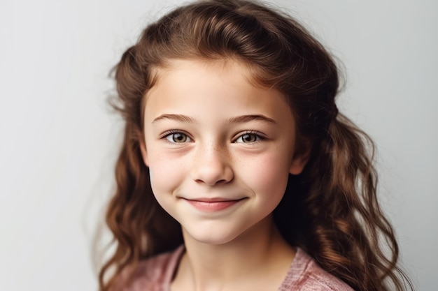 Foto retrato de uma adolescente sorridente e feliz, retrato de estúdio de uma adolescente na infância de fundo branco