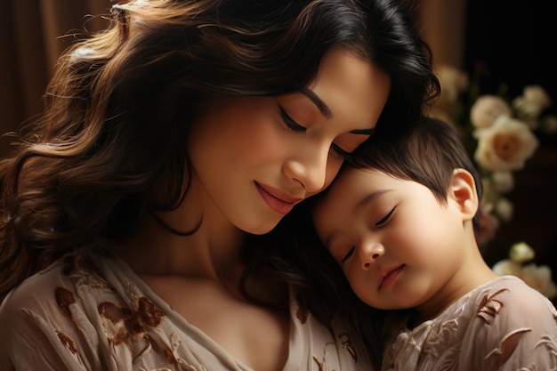 Retrato de uma afetuosa mãe asiática inclinando-se para beijar seu bebê que está descansando em uma cama