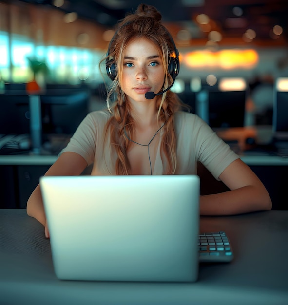 Foto retrato de uma agente de call center usando um fone de ouvido sentada na frente de um laptop