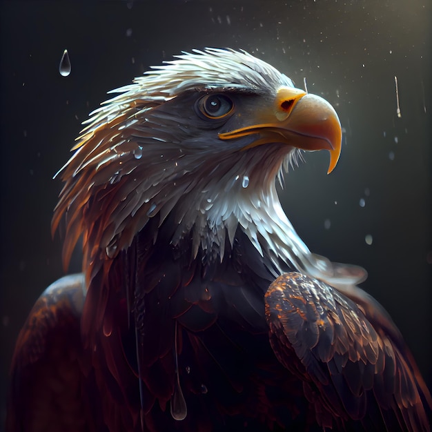 Retrato de uma águia em um fundo escuro com gotas de água