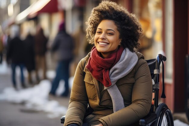 Retrato de uma alegre mulher negra com deficiência nas ruas da cidade