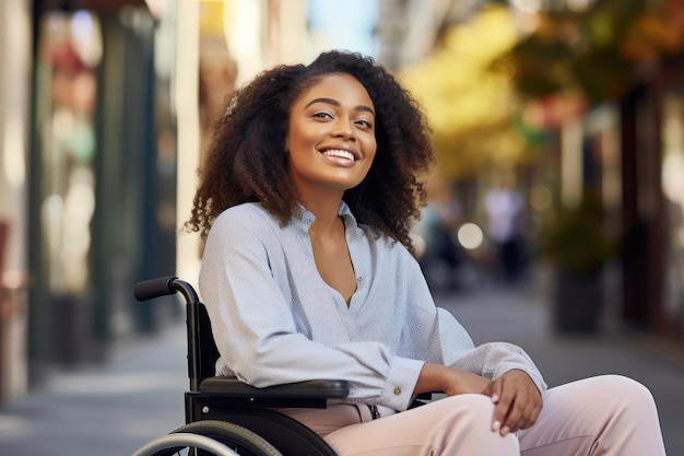 Retrato de uma alegre mulher negra paraplégica na cidade