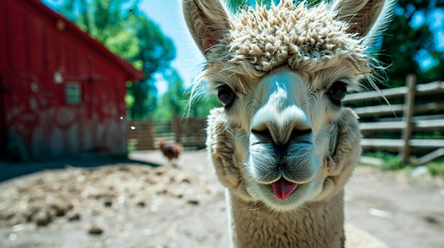 Foto retrato de uma alpaca em uma fazenda foco seletivo