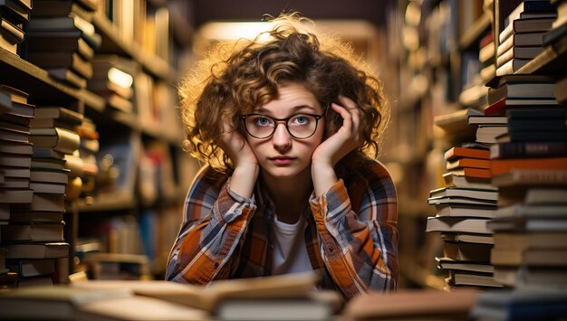 Foto retrato de uma aluna de óculos lendo um livro na biblioteca