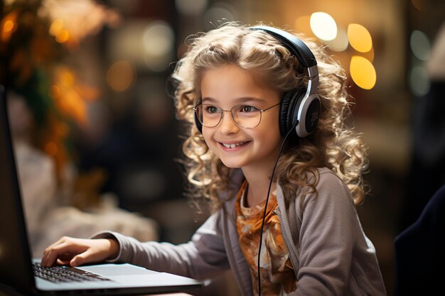 Foto retrato de uma aluna feliz sentada na mesa com fones de ouvido e usando um computador