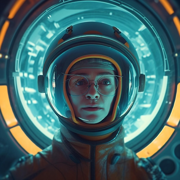 Retrato de uma astronauta feminina em um traje espacial e capacete