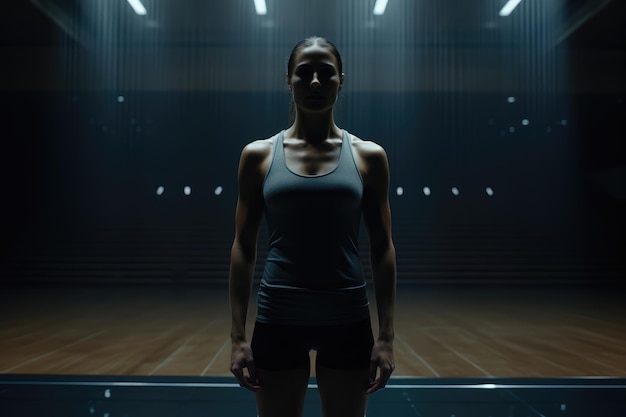 Foto retrato de uma atleta de pé em um ginásio com luzes no fundo