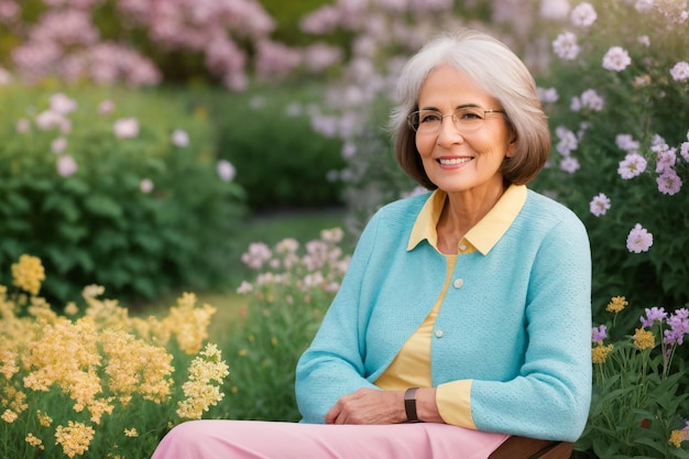 Retrato de uma atraente e elegante mulher sênior relaxando em um jardim florido