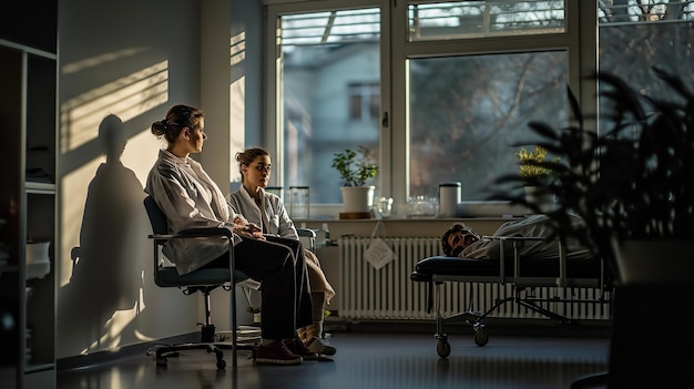 Foto retrato de uma atraente médica sentada com um paciente ia generativa
