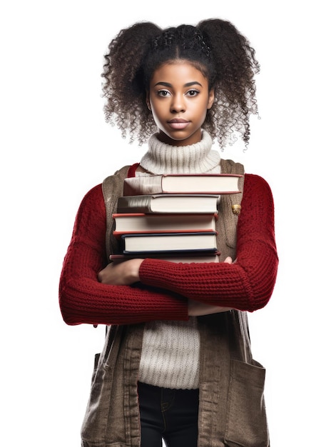 Retrato de uma bela adolescente negra com livros na mão