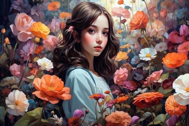 Foto retrato de uma bela adolescente sorridente no jardim de flores