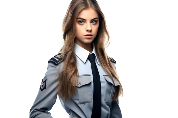 Retrato de uma bela aeromoça de uniforme isolado no fundo branco