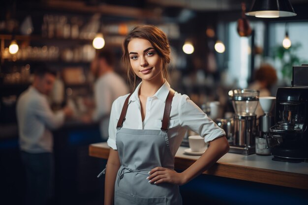 Retrato de uma bela barista de pé atrás do balcão em uma cafeteria