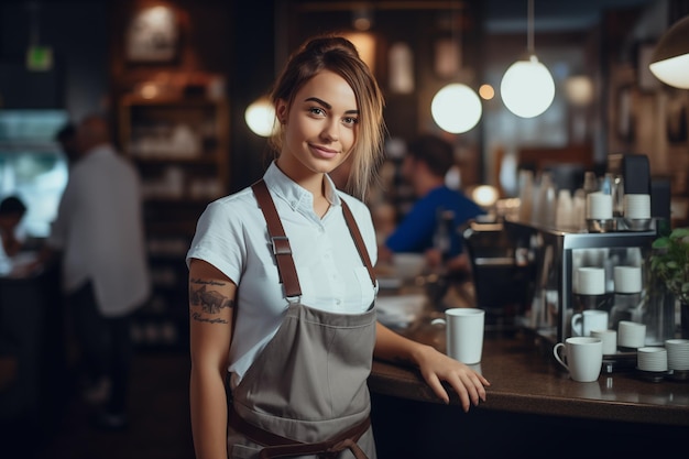 Retrato de uma bela barista de pé atrás do balcão em uma cafeteria