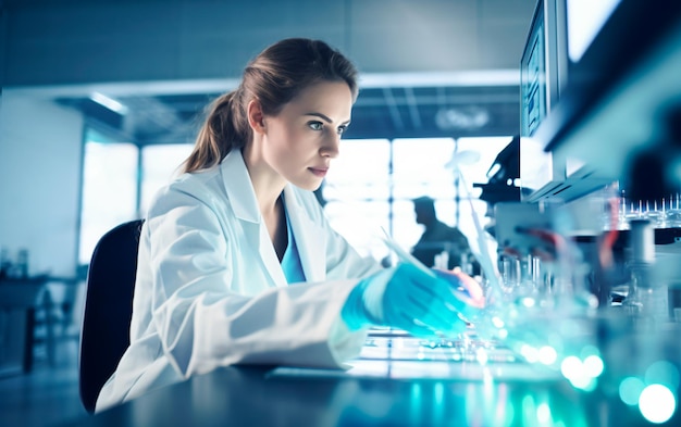 Foto retrato de uma bela cientista do laboratório de pesquisa médica