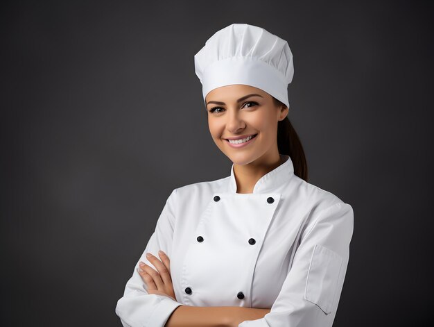 Retrato de uma bela cozinheira com um sorriso no estúdio