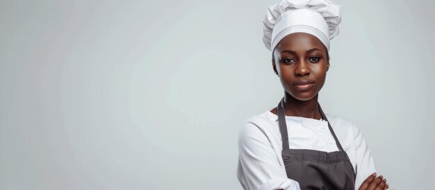 Retrato de uma bela cozinheira de pele escura com espaço vazio a mulher está posicionada no lado esquerdo espaço vazio no lado direito fundo homogêneo