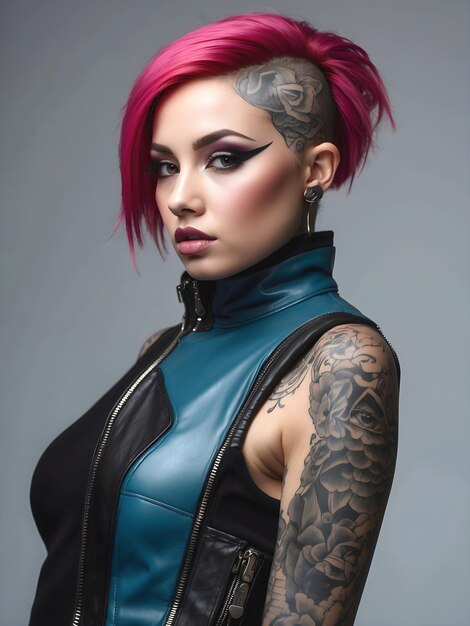 Retrato de uma bela cyberpunk jovem tatuada mulher conceito de moda futurista