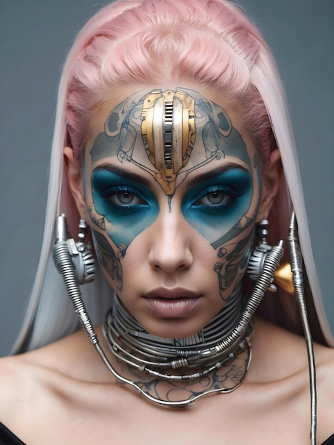 Retrato de uma bela cyberpunk jovem tatuada mulher conceito de moda futurista