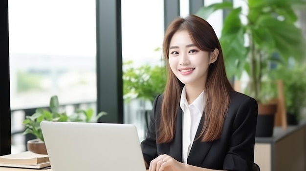 retrato de uma bela e alegre mulher de negócios sorrindo enquanto trabalha com um computador portátil