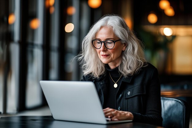 Foto retrato de uma bela e confiante gerente sênior usando um computador portátil trabalhando online.