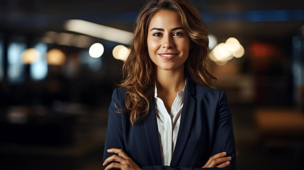 Retrato de uma bela e confiante mulher de negócios sorrindo e cruzando o braço em um escritório moderno