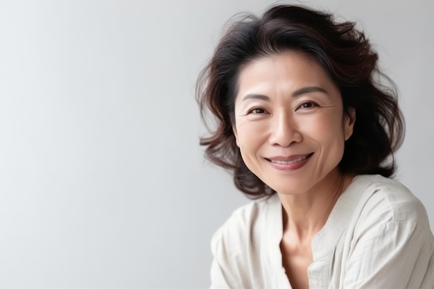 Retrato de uma bela e saudável mulher asiática sorridente de meia-idade cruzando os braços no peito parecendo confiante