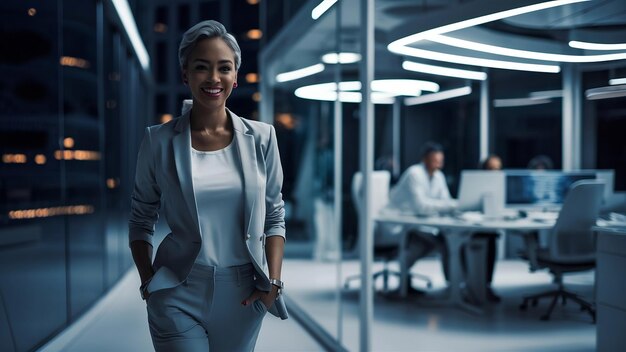 Foto retrato de uma bela empresária executiva de roupas casuais inteligentes olhando para a câmera e sorrindo felizmente