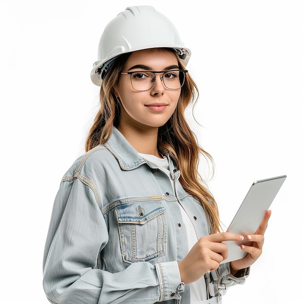 Foto retrato de uma bela engenheira segurando um tablet digital e olhando para a câmera com fundo branco