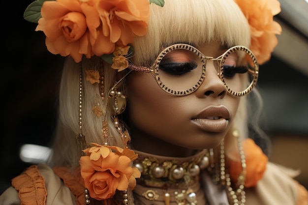 Retrato de uma bela garota afro-americana com uma peruca loira, chapéu floral, vestido de luxo e