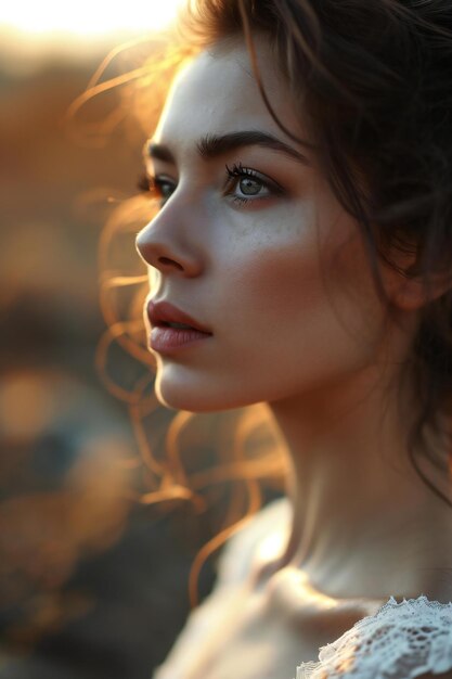 Retrato de uma bela garota com cabelos longos nos raios do sol pôr