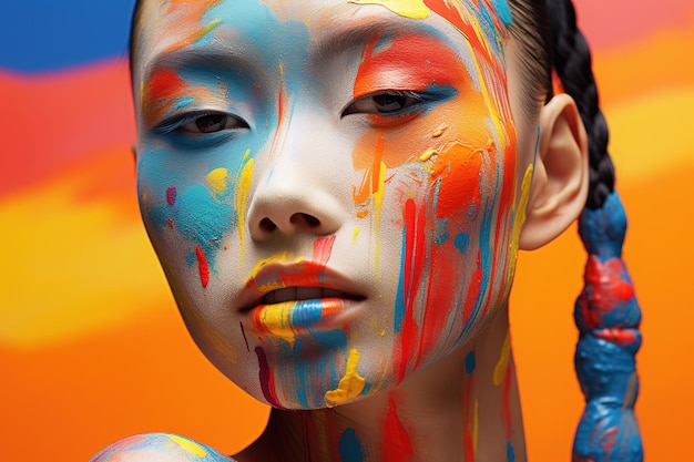 Retrato de uma bela garota com maquiagem criativa em fundo colorido gerado por Ai