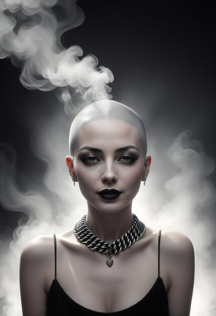 Retrato de uma bela garota com maquiagem preta e fumaça