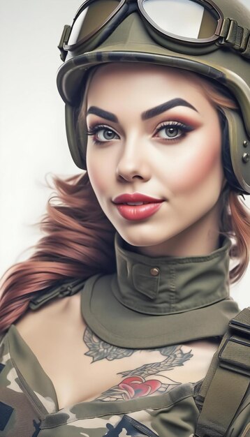 Retrato de uma bela garota em uniforme militar tirado em estúdio