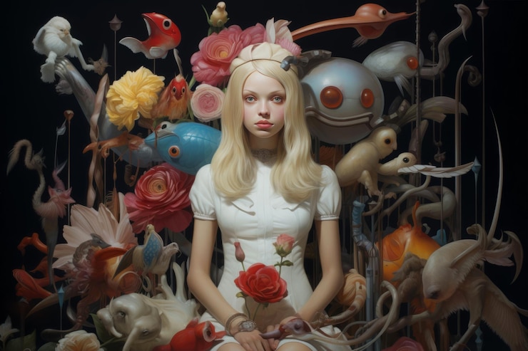 Foto retrato de uma bela garota loira em um vestido branco com flores