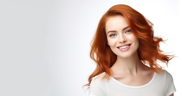 Foto retrato de uma bela garota ruiva alegre com cabelos encaracolados voando sorrindo olhando para a câmera sobre fundo branco