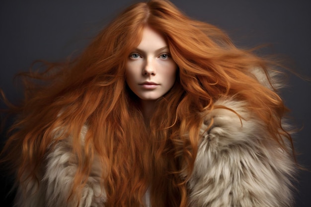 Retrato de uma bela garota ruiva em um casaco de pele