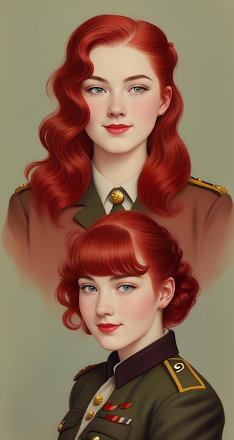 Retrato de uma bela garota ruiva em uniforme militar