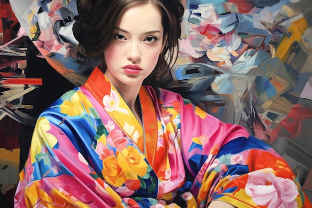 Retrato de uma bela gueixa em kimono