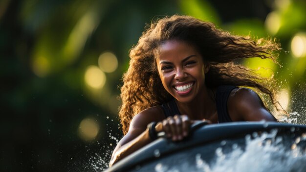 Retrato de uma bela jovem afro-americana andando em uma prancha de surf Generative AI