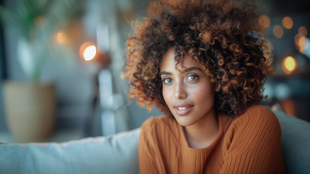 Retrato de uma bela jovem afro-americana com cabelos encaracolados em casa