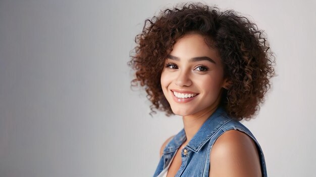Foto retrato de uma bela jovem afro-americana com cabelos encaracolados