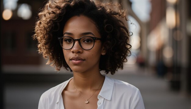 Retrato de uma bela jovem afro-americana com óculos ao ar livre