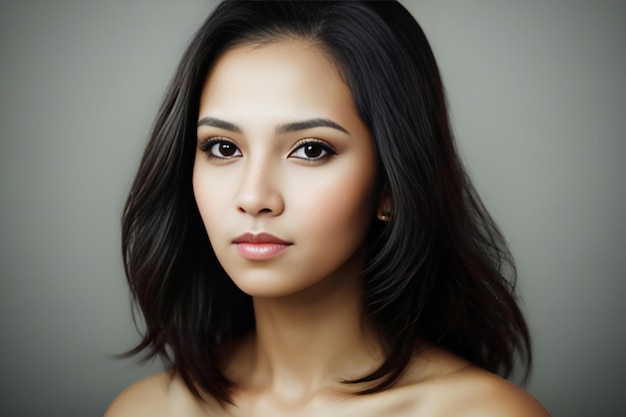 Retrato de uma bela jovem asiática com cabelos longos e pretos