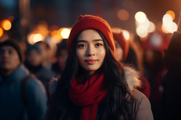 Retrato de uma bela jovem asiática com chapéu vermelho e cachecol