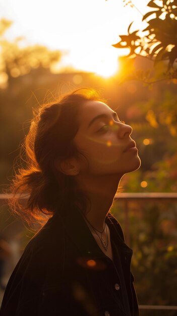 Foto retrato de uma bela jovem asiática no pôr-do-sol