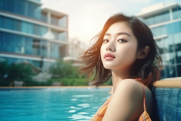 Retrato de uma bela jovem asiática relaxando em torno de uma piscina ao ar livre com vista para a cidade