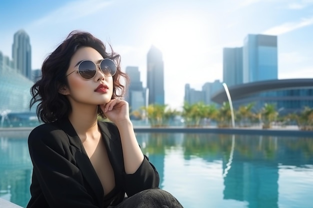 Retrato de uma bela jovem asiática relaxando em torno de uma piscina ao ar livre com vista para a cidade