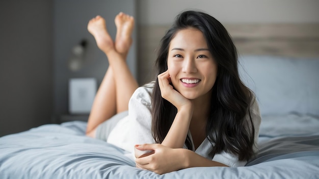 Retrato de uma bela jovem asiática relaxando sorrindo na cama no quarto